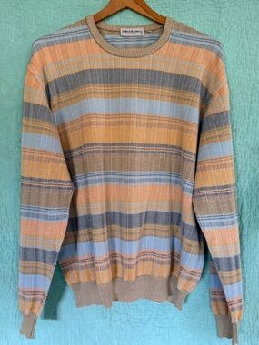 Vintage Bullock & Jones Cotton Striped Sweater - Light Blue, Tan & Peach - XL